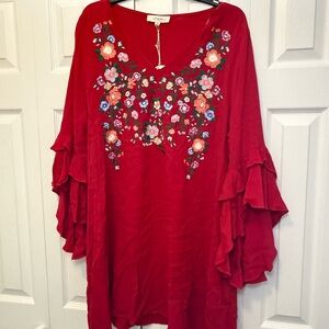 Umgee Red Embroidered Floral Tunic Dress Size XL Boho